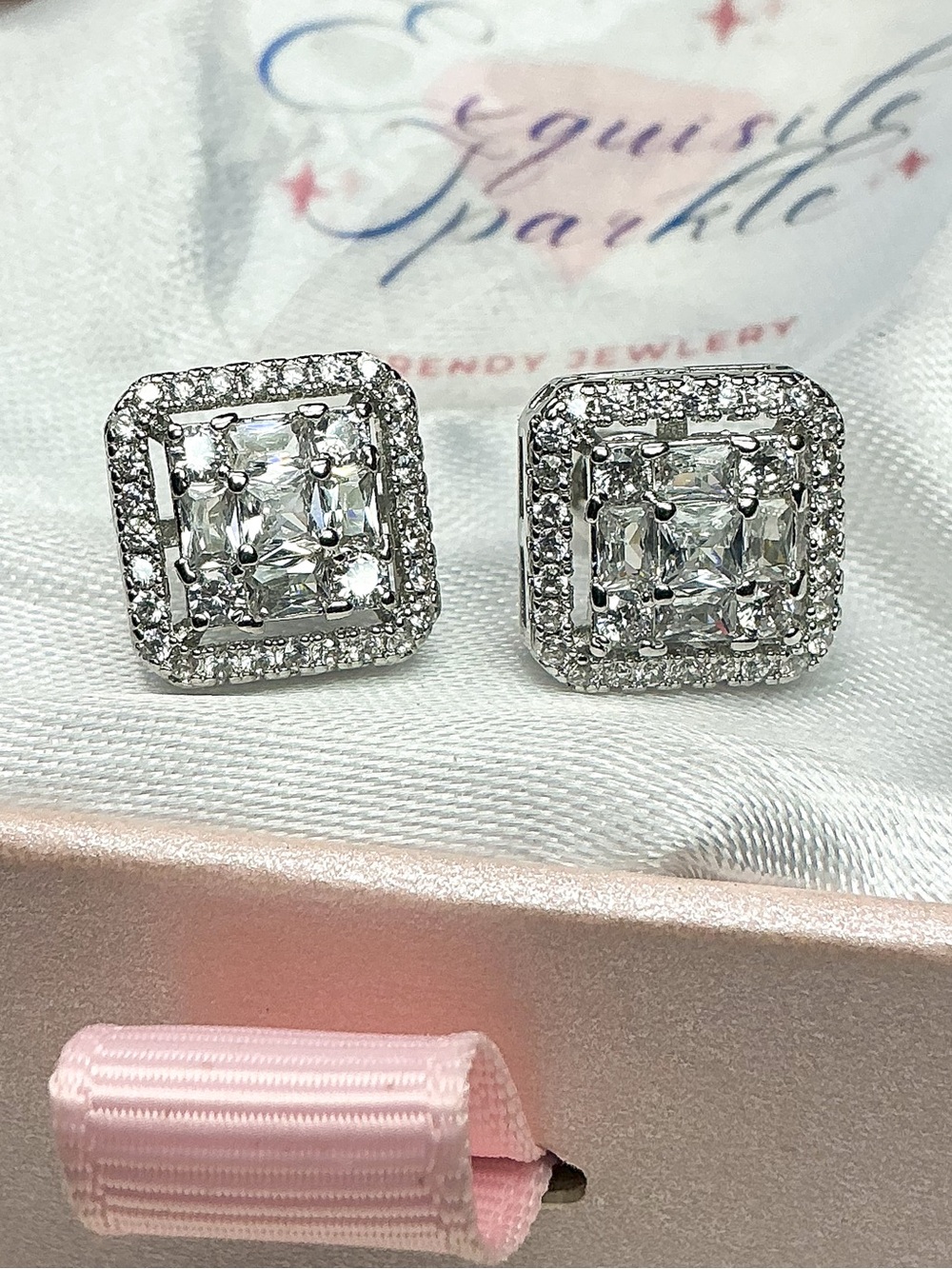 Square Halo Stud Earrings Silver Tone Clear Stone Sparkly Baguette Studs